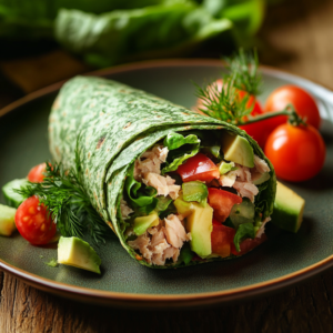 A healthy tuna salad wrap in a spinach tortilla with avocado, fresh greens, and vegetables, served with cherry tomatoes and dill.