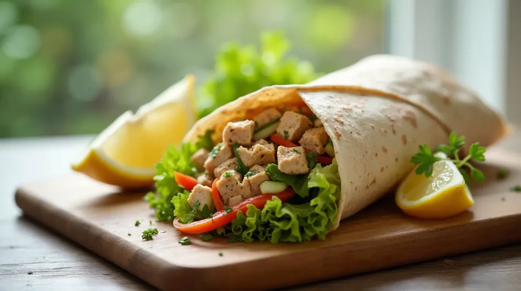 A close-up of a tuna salad wrap filled with fresh vegetables, wrapped in a whole-grain tortilla, served with lemon wedges on a wooden board. Healthy and Delicious Tuna Salad Wrap