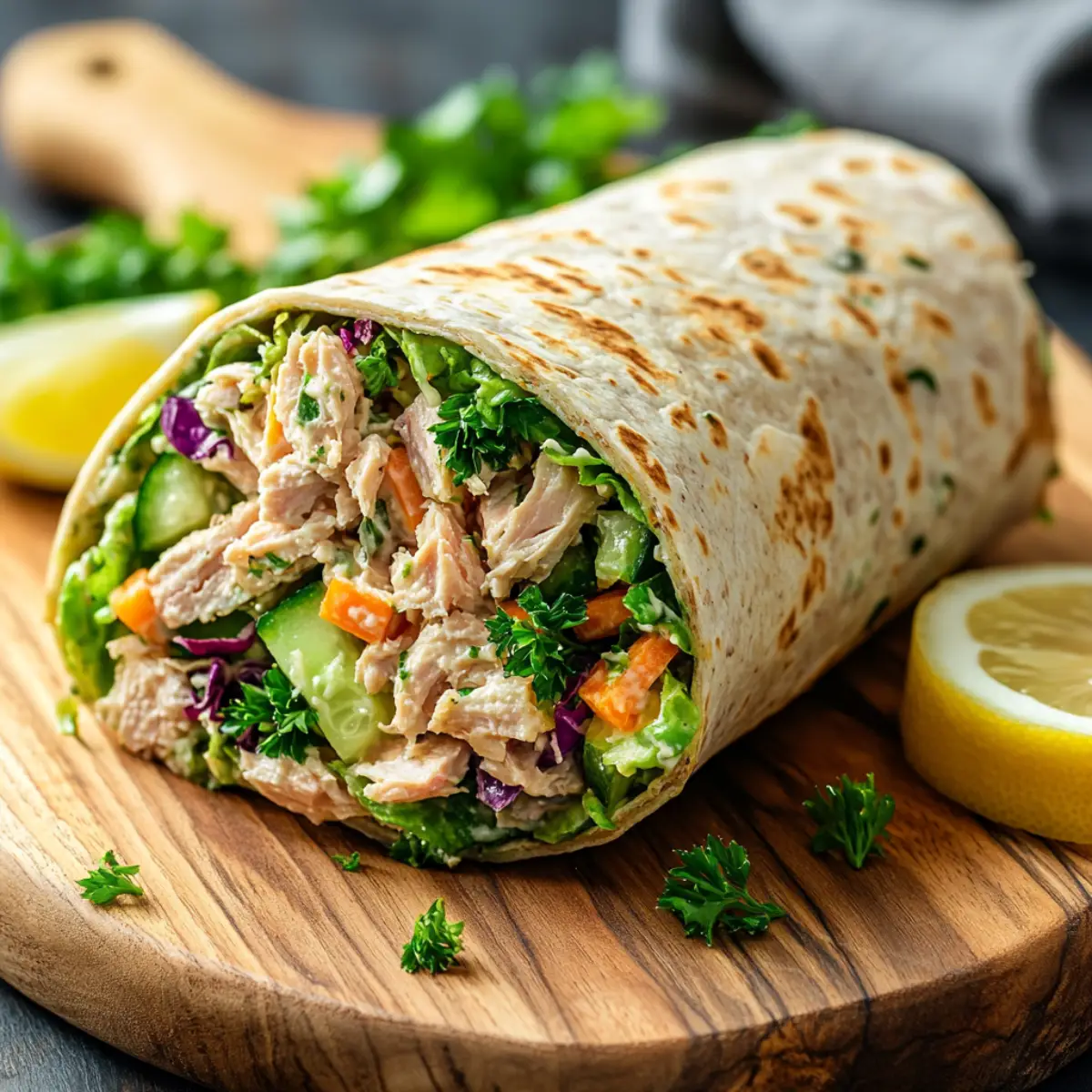 A close-up of a tuna salad wrap filled with fresh vegetables, wrapped in a whole-grain tortilla, served with lemon wedges on a wooden board.