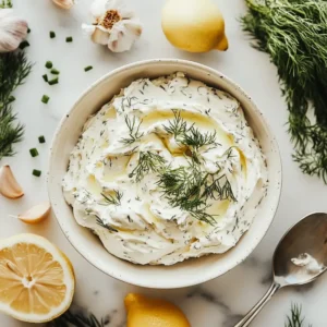 A bowl of homemade cream cheese spread with dill and chives, surrounded by fresh ingredients on a marble countertop.