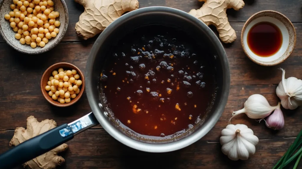 Saucepan with simmering homemade teriyaki sauce, surrounded by soy sauce, garlic, ginger, and other fresh ingredients.