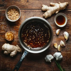 Saucepan with simmering homemade teriyaki sauce, surrounded by soy sauce, garlic, ginger, and other fresh ingredients.