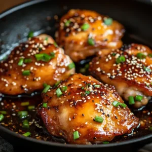 Chicken thighs cooked in a skillet with honey garlic glaze, garnished with sesame seeds and green onions.