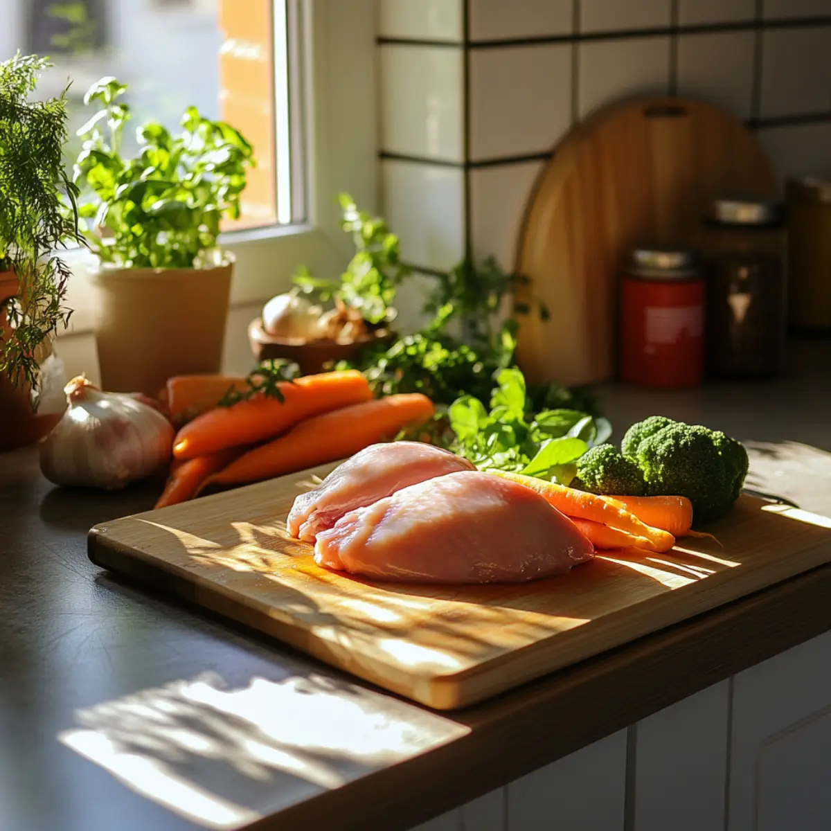 Raw chicken on a cutting board with fresh vegetables in a modern kitchen setting