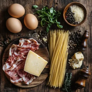 A flat lay of authentic carbonara ingredients including eggs, Pecorino Romano, beef bacon, spaghetti, and black pepper.