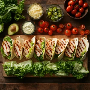 Ingredients for Chicken Caesar Wraps, including grilled chicken, lettuce, Parmesan cheese, cherry tomatoes, and Caesar dressing arranged on a counter.