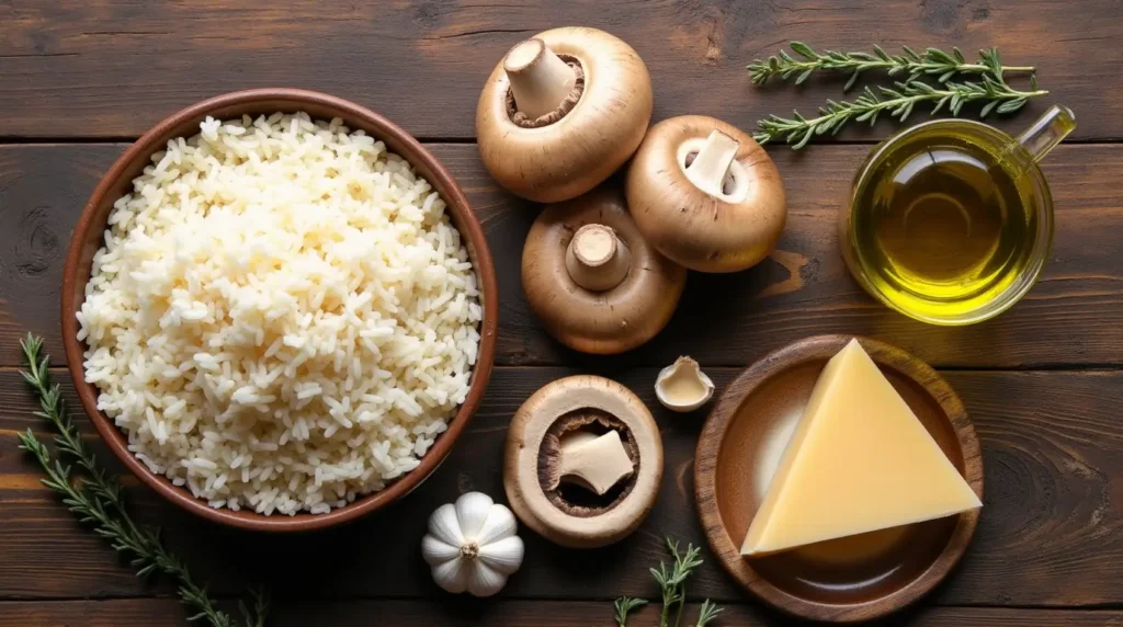 Essential ingredients for mushroom risotto, including Arborio rice, fresh mushrooms, Parmesan cheese, garlic, olive oil, and thyme.