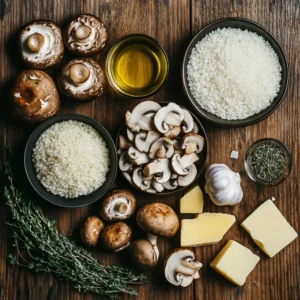 Essential ingredients for mushroom risotto, including Arborio rice, fresh mushrooms, Parmesan cheese, garlic, olive oil, and thyme.