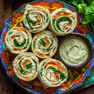 Kid-friendly Chicken Caesar Wrap pinwheels served on a colorful plate with Caesar dressing on the side.