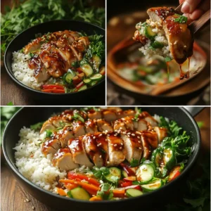 Step-by-step process of making Teriyaki Chicken with Rice, showing chicken preparation, cooking, and bowl assembly.