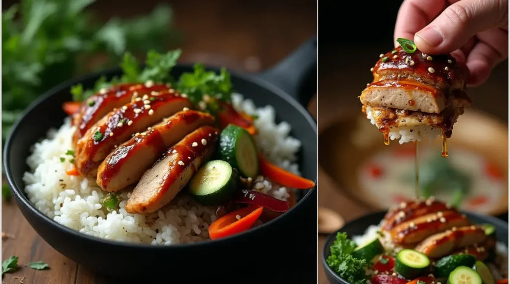 Step-by-step process of making Teriyaki Chicken with Rice, showing chicken preparation, cooking, and bowl assembly.