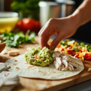 Close-up of turkey and avocado wrap being prepared with fresh ingredients.