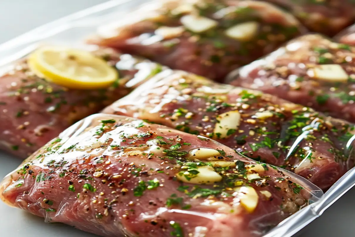 Marinated meat in freezer bags with herbs, garlic, and lemon, ready for freezing in a clean kitchen setting.