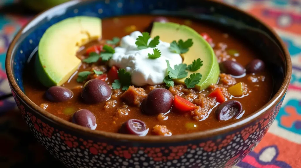 Mexican-inspired beef chili with chipotle peppers, black beans, avocado slices, and queso fresco, served on a vibrant tablecloth.