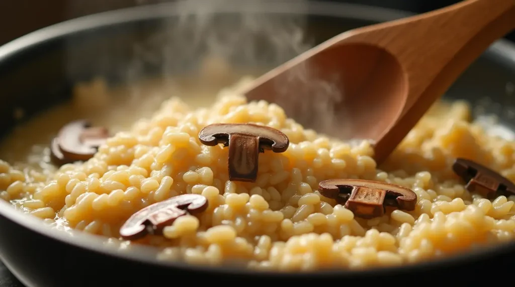 Risotto cooking in a pan with a wooden spoon stirring creamy rice and mushrooms, with steam rising from the dish.