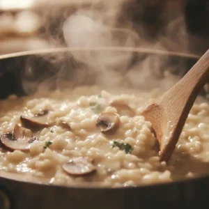 Risotto cooking in a pan with a wooden spoon stirring creamy rice and mushrooms, with steam rising from the dish.