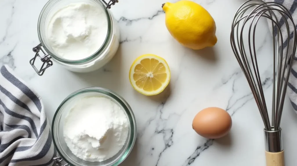 Flat lay of pavlova ingredients including eggs, sugar, lemon, cornstarch, and a whisk on a marble countertop.