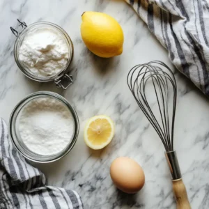 Flat lay of pavlova ingredients including eggs, sugar, lemon, cornstarch, and a whisk on a marble countertop.