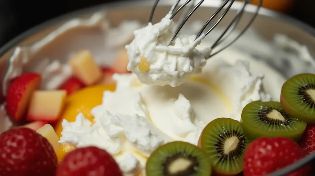 Ingredients for pavlova including meringue, whipped cream, and fresh fruits like strawberries and kiwi, in a preparation setting.