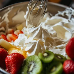 Ingredients for pavlova including meringue, whipped cream, and fresh fruits like strawberries and kiwi, in a preparation setting.