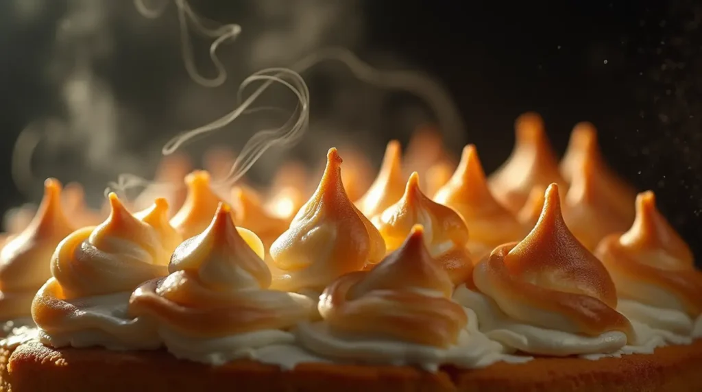 Pavlova meringue shell baking in an oven, forming a crisp golden exterior