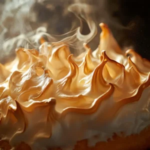 Pavlova meringue shell baking in an oven, forming a crisp golden exterior.