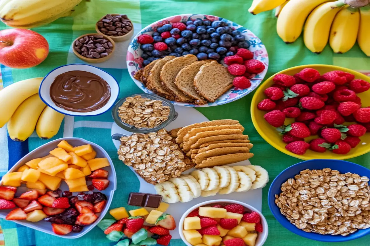 A peanut butter-themed snack table featuring peanut butter and jelly sandwiches, banana snacks, chocolate recipes, and healthy breakfast ideas.