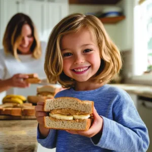 A child smiling with a peanut butter and banana sandwich in hand, with a parent preparing more in the background.