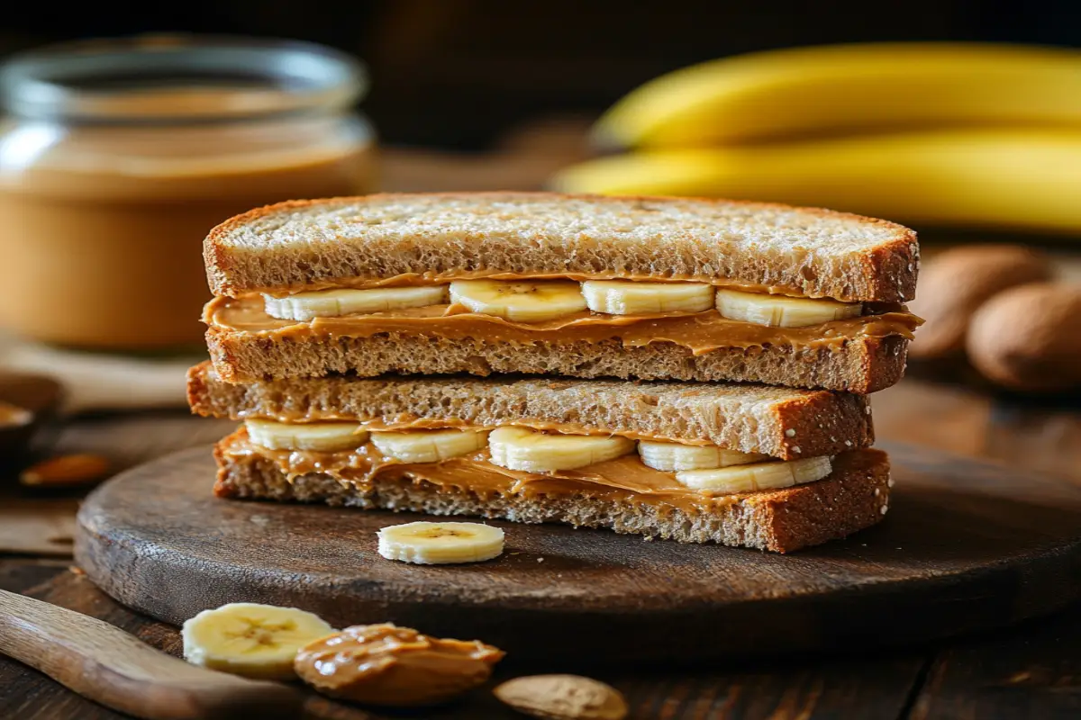 Peanut butter and banana sandwich on a wooden table with fresh bananas and a jar of peanut butter in the background.