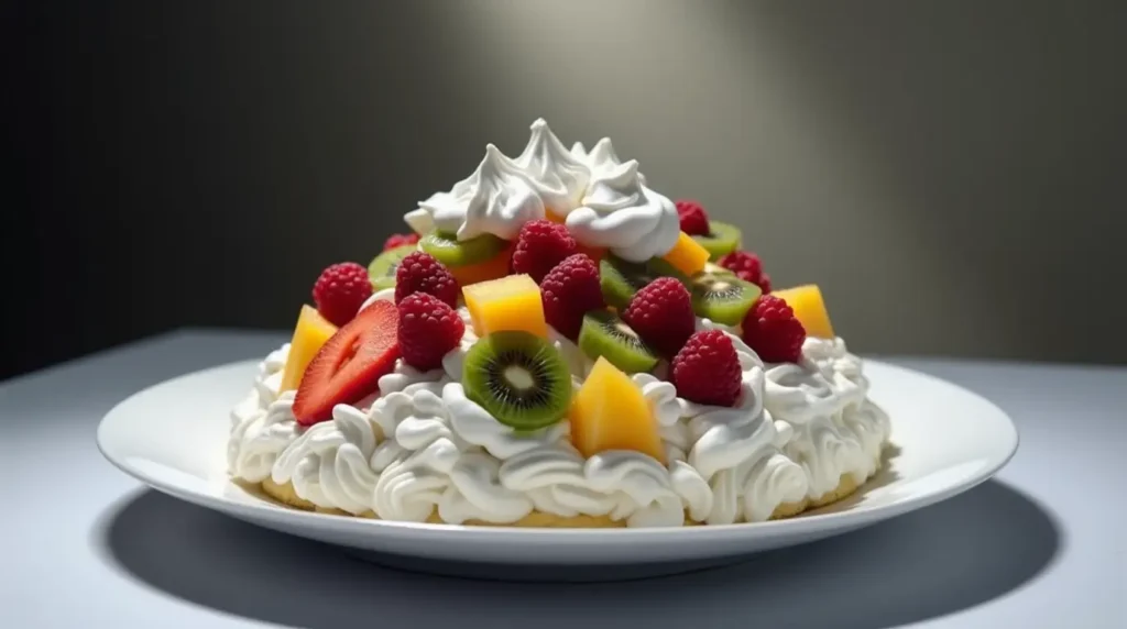 A fully assembled pavlova with whipped cream and vibrant fresh fruits like strawberries and passion fruit, presented on a white serving platter.