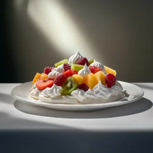 A fully assembled pavlova with whipped cream and vibrant fresh fruits like strawberries and passion fruit, presented on a white serving platter.