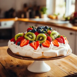 A beautifully decorated pavlova topped with whipped cream and fresh fruits.