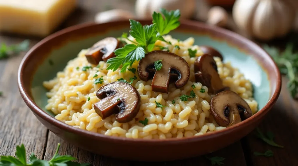 A creamy mushroom risotto garnished with parsley and mushrooms, served in a rustic ceramic bowl on a wooden table with scattered ingredients.