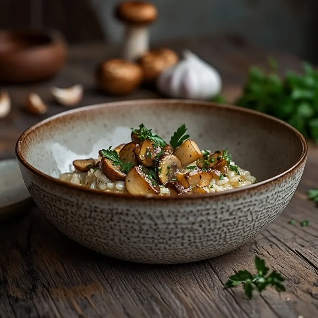 A creamy mushroom risotto garnished with parsley and mushrooms, served in a rustic ceramic bowl on a wooden table with scattered ingredients.