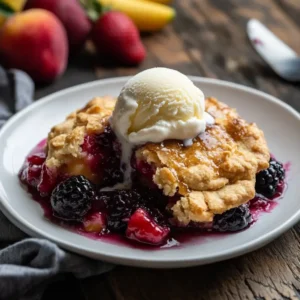 A serving of cobbler with golden crust, thick fruit filling, and vanilla ice cream melting slightly on a white plate.