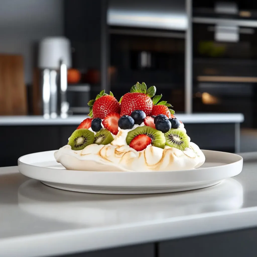 A beautifully styled pavlova dessert topped with whipped cream and fresh fruits, showcasing its crisp shell and soft center.