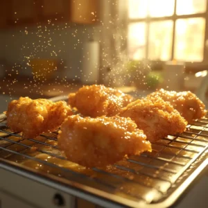 Golden fried chicken on a wire rack with oil spray for reheating.