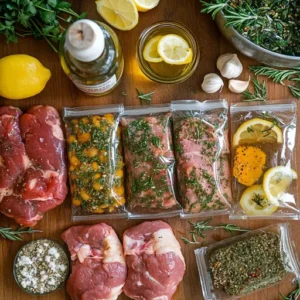 Marinated meat being prepped for freezing on a kitchen countertop with fresh herbs, garlic, and spices