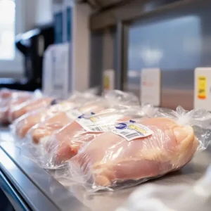 Raw chicken being vacuum-sealed with plastic wrap and labeled for freezing.