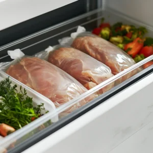 Raw chicken stored in a labeled freezer bag inside a freezer