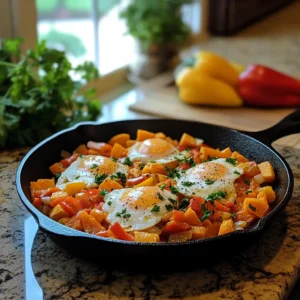 A cast-iron skillet with sweet potatoes, sunny side up eggs, and sautéed vegetables garnished with parsley.