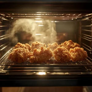 Fried chicken on a wire rack reheating in an oven with golden crispiness.