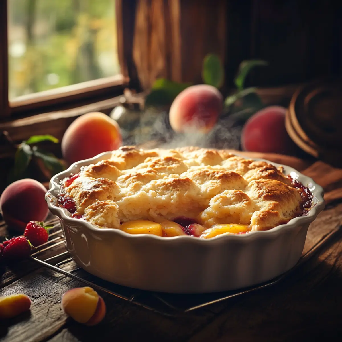 A freshly baked cobbler dessert with golden-brown topping and bubbling fruit filling, cooling on a wooden table surrounded by fresh fruits.