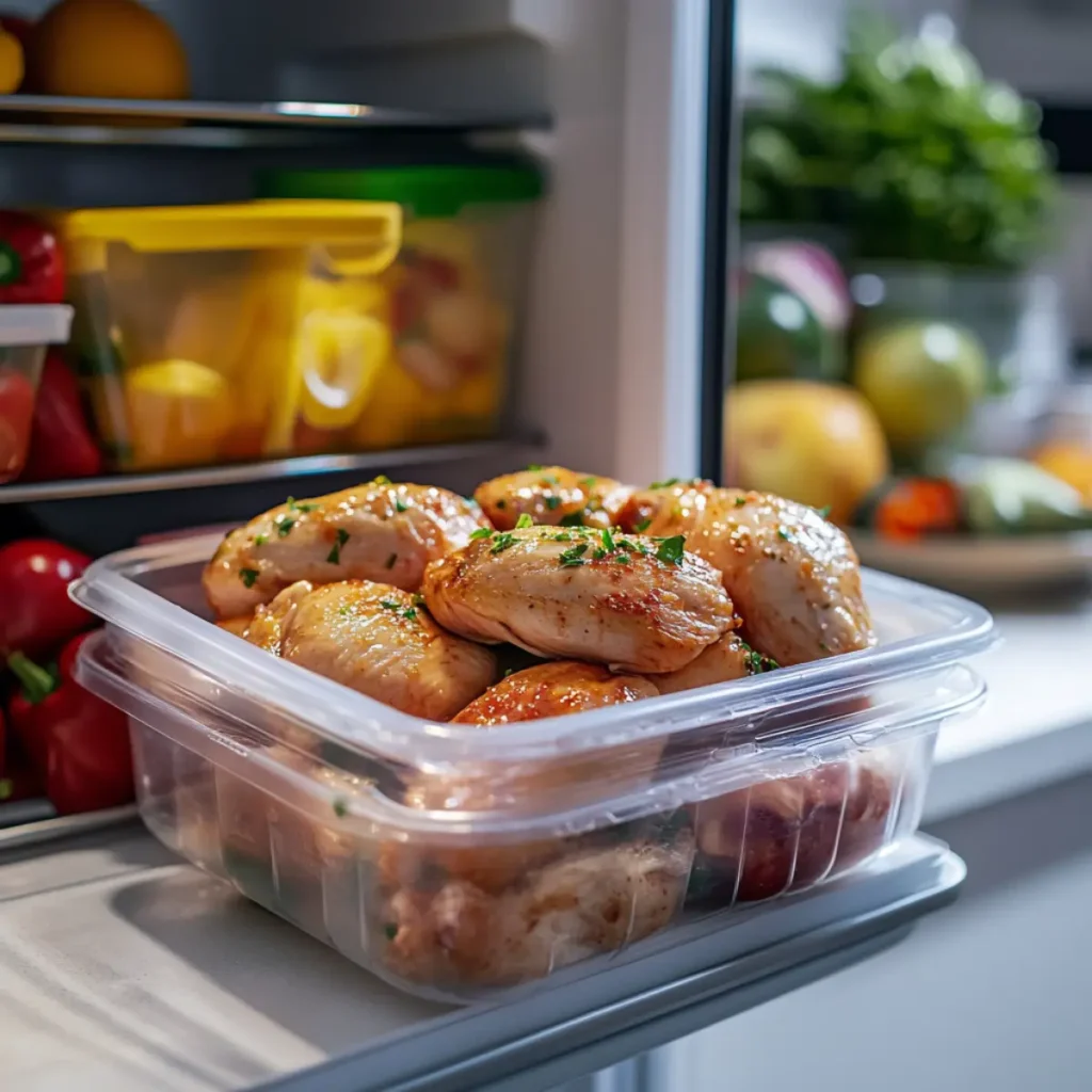 Cooked chicken stored in an airtight container inside a clean refrigerator with fresh vegetables and fruits.