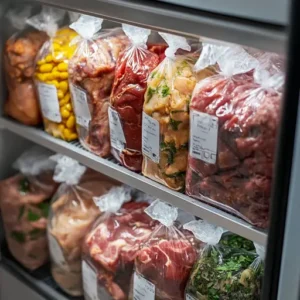 Freezer drawer with labeled bags of marinated meat for safe storage and easy access.