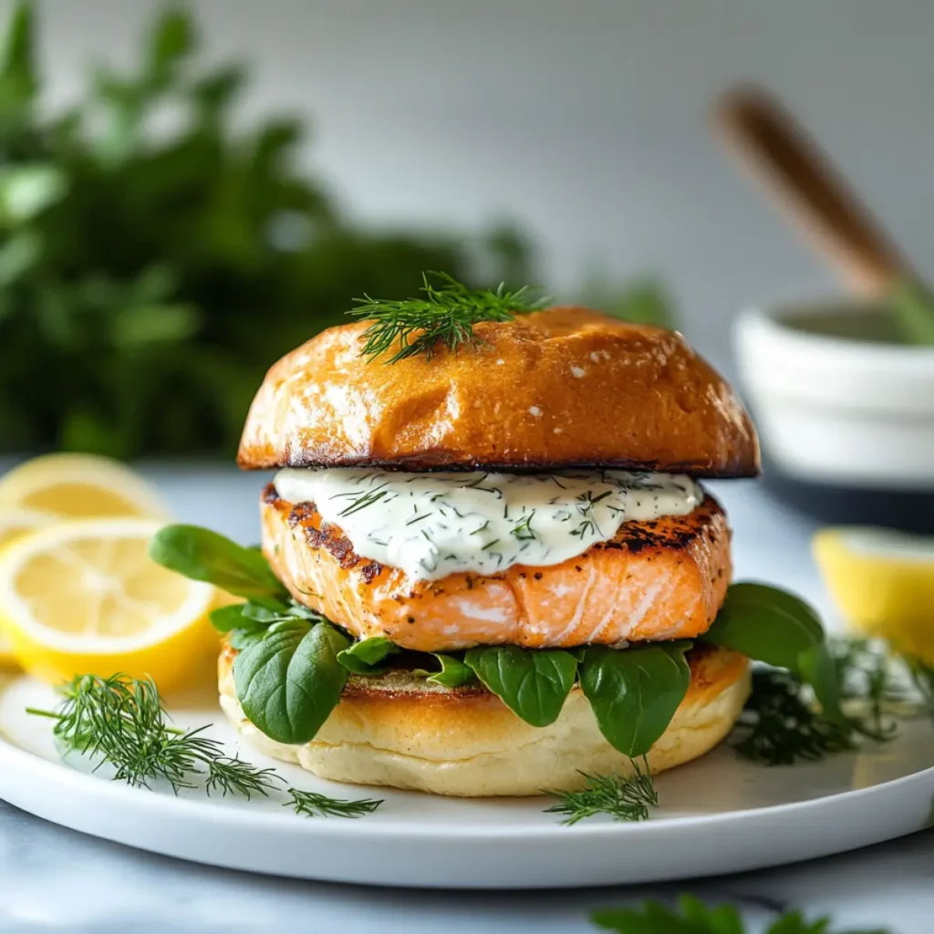 A salmon burger with dill sauce served on a brioche bun, styled with fresh herbs and lemon slices.