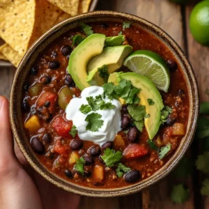 A plated bowl of black bean chili garnished with avocado, lime, sour cream, and cilantro, with tortilla chips on the side.