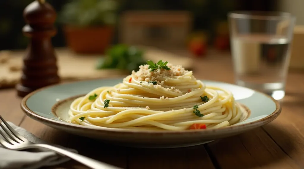 A plate of spaghetti carbonara garnished with Pecorino Romano, parsley, and black pepper.