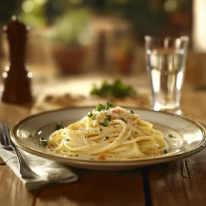 A plate of spaghetti carbonara garnished with Pecorino Romano, parsley, and black pepper.