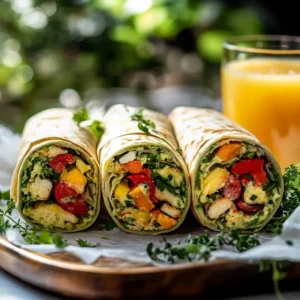 Three veggie breakfast wraps on a tray, garnished with herbs, with a glass of orange juice in the background.